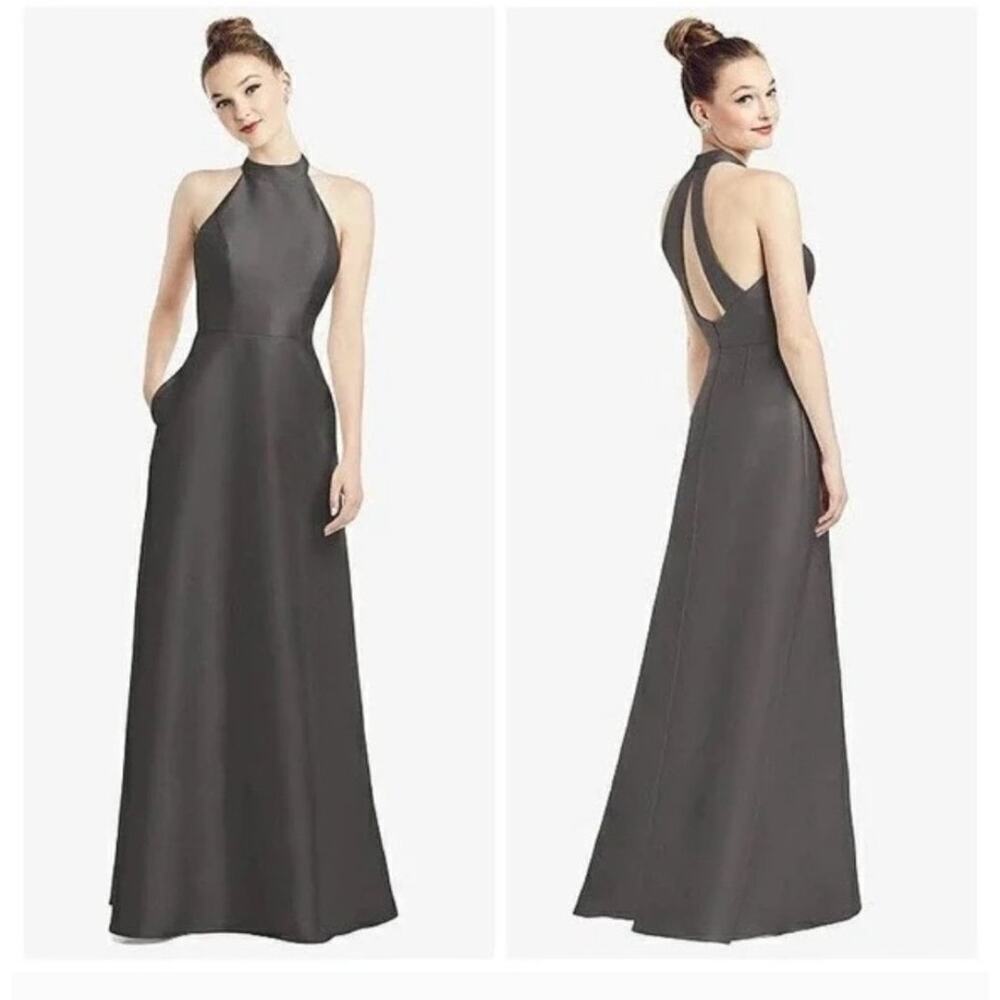 Alfred Sung D772 satin twill halter neck dress in caviar gray Size 4 bridesmaid